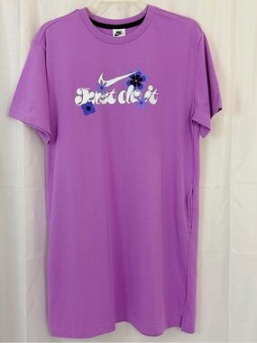 Nike Lavender Purple 'Just Do It' Floral Graphic T-Shirt Dress w/pockets XL NWT